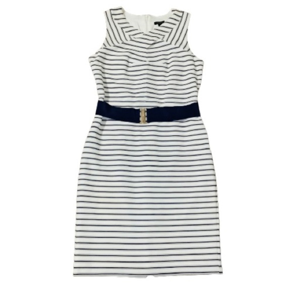 Ann Taylor Dress Fitted White w/ Navy Tan Stripes